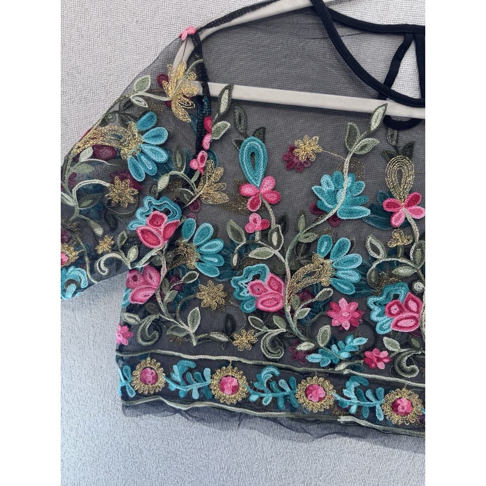 SHEIN VCAY Embroidered Floral Mesh Crop Top Women’s XL Black Sheer NWT - Picture 11 of 14